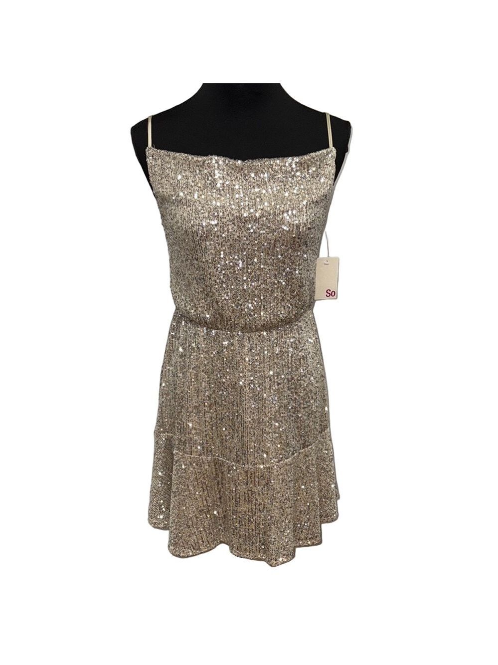 SO Juniors S Champagne Gold Sequin Mini Dress Holiday Party Cocktail NWT